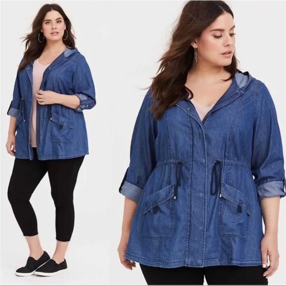 Torrid 100% Cotton Blue Chambray Denim Full Zip Hooded Anorak Jacket Plus Size 3